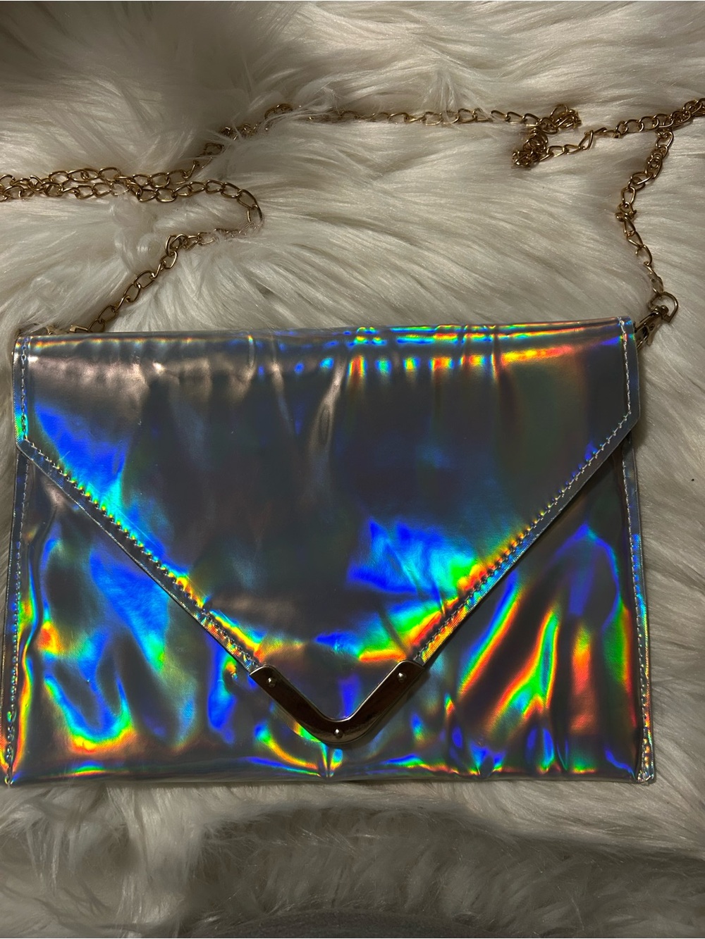Holographic Envelope Crossbody Bag with Gold Chain